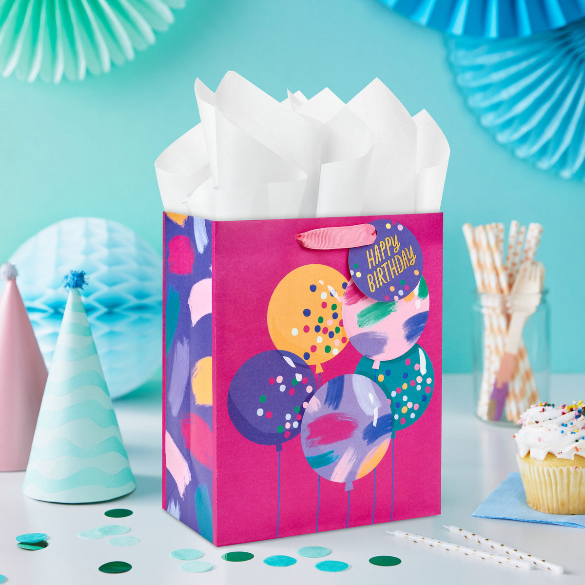 Hallmark 9.6'' Bright Balloons on Fuchsia Medium Birthday Gift Bag