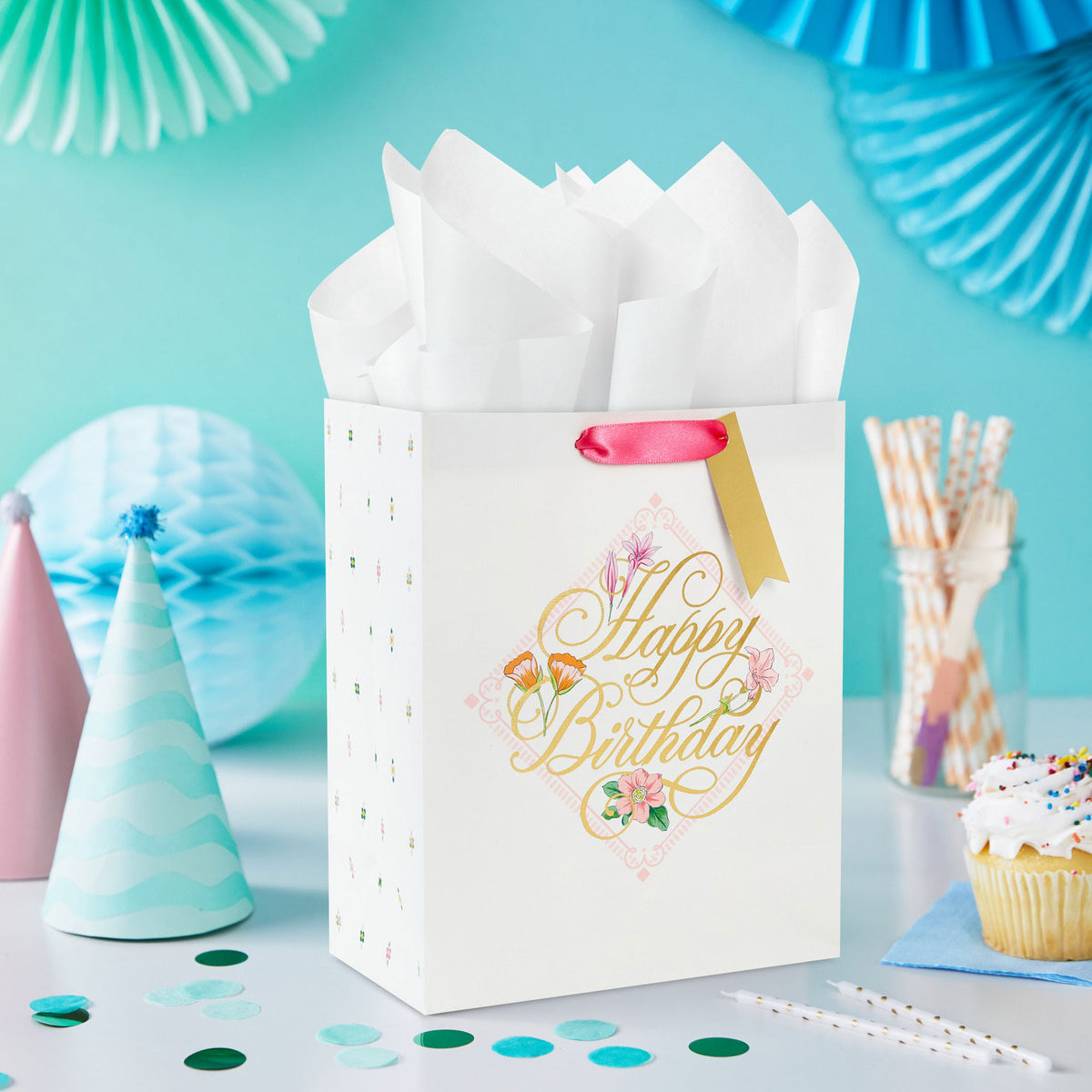 Hallmark 9.6'' Gold Script on Floral Medium Birthday Gift Bag