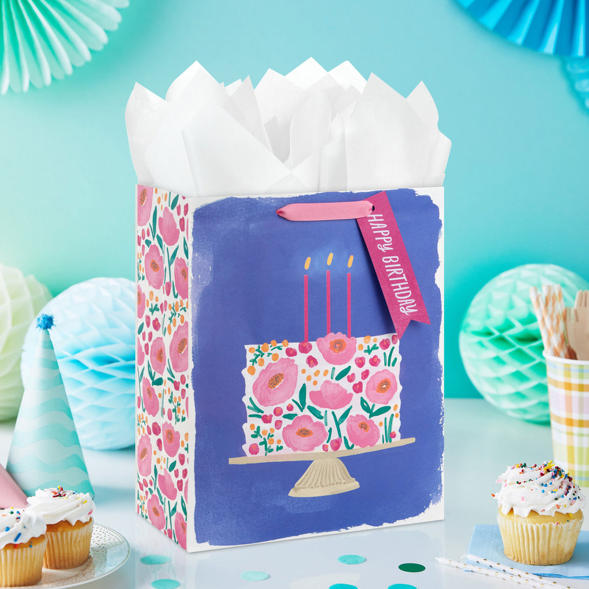 Hallmark 13'' Floral Cake on Blue Large Birthday Gift Bag