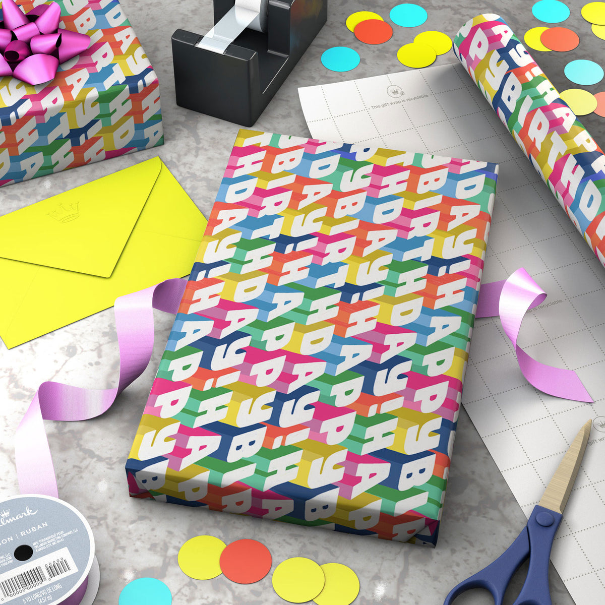 Hallmark Angled All-Caps Happy Birthday Wrapping Paper, 20 sq. ft.