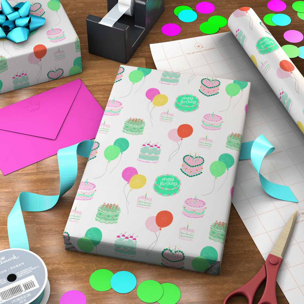 Hallmark Colorful Birthday Cakes on White Wrapping Paper Roll, 20 sq. ft.