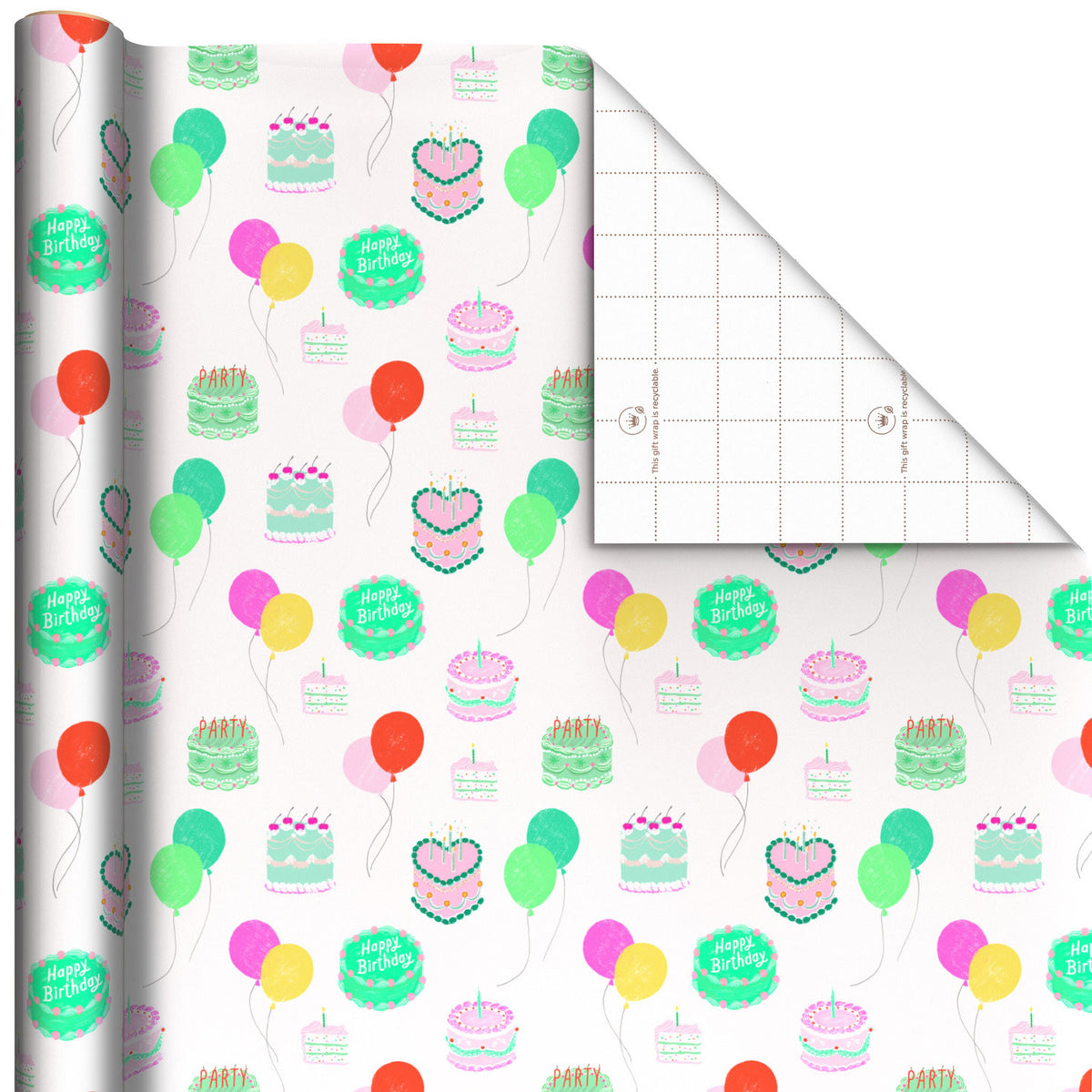 Hallmark Colorful Birthday Cakes on White Wrapping Paper Roll, 20 sq. ft.