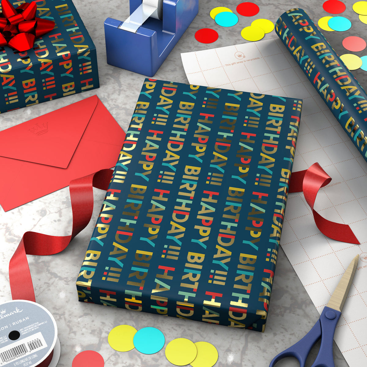 Hallmark All-Caps Happy Birthday on Navy Wrapping Paper Roll, 20 sq. ft.