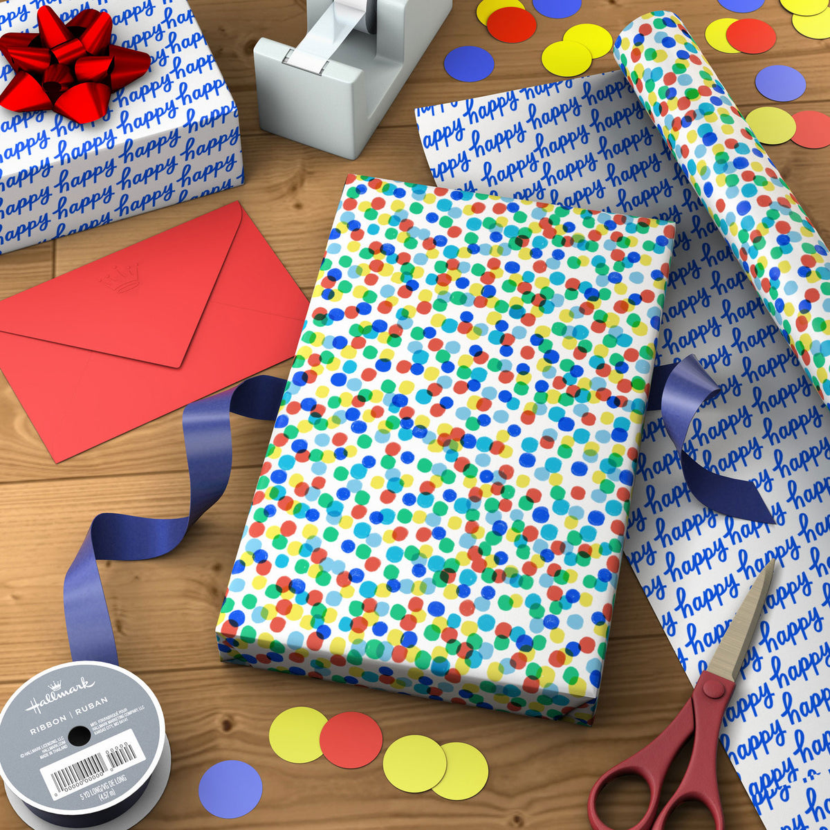 Hallmark Colorful Dots/Happy Lettering Reversible Wrapping Paper Roll, 20 sq. ft.
