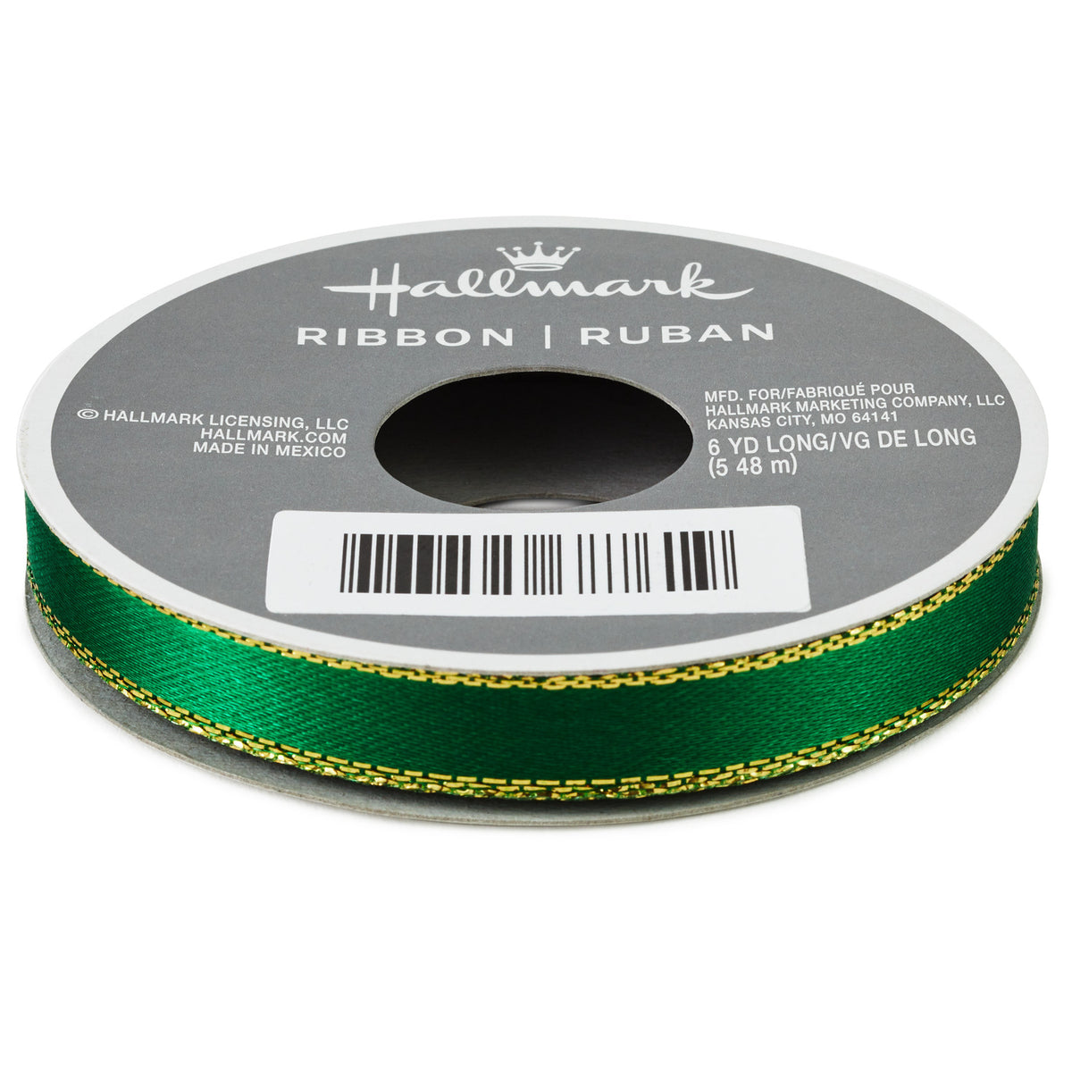 Hallmark Forest Green 0.3" Satin Ribbon With Gold Edges, 18'