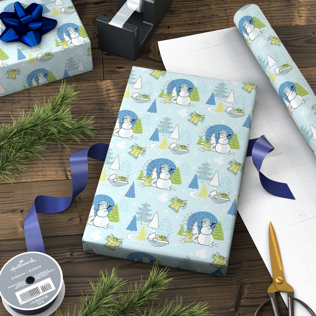 Hallmark Star Wars: The Mandalorian™ Grogu™ Snow Fun Christmas Wrapping Paper, 25 sq. ft.