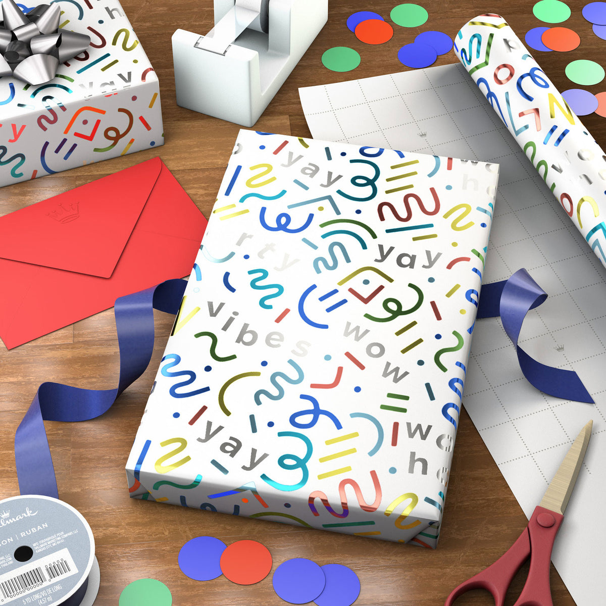 Hallmark Party Streamers and Squiggles on White Metallic Wrapping Paper Roll, 17.5 sq. ft.
