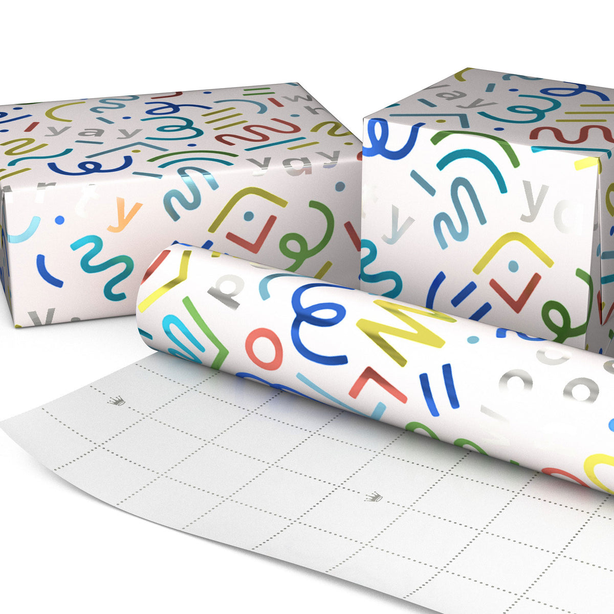 Hallmark Party Streamers and Squiggles on White Metallic Wrapping Paper Roll, 17.5 sq. ft.