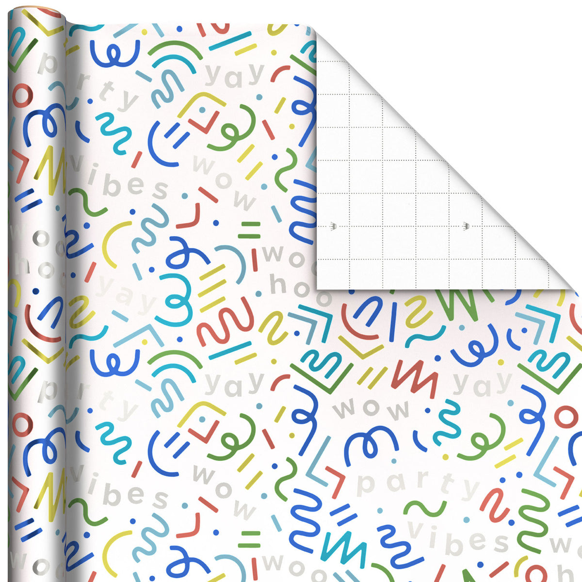 Hallmark Party Streamers and Squiggles on White Metallic Wrapping Paper Roll, 17.5 sq. ft.
