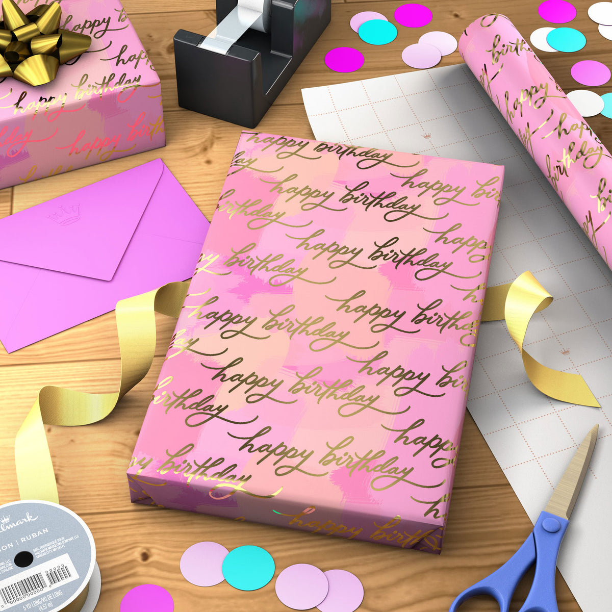 Hallmark Pink Painted Color Block Birthday Wrapping Paper Roll, 17.5 sq. ft.