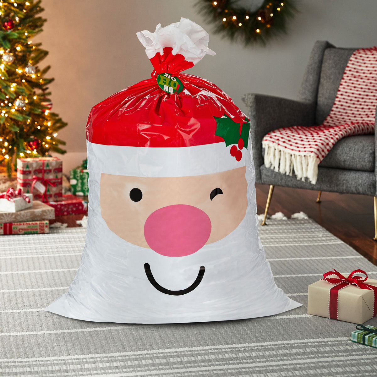Hallmark 56" Smiling Santa Giant Plastic Christmas Gift Bag With Tag and Tie