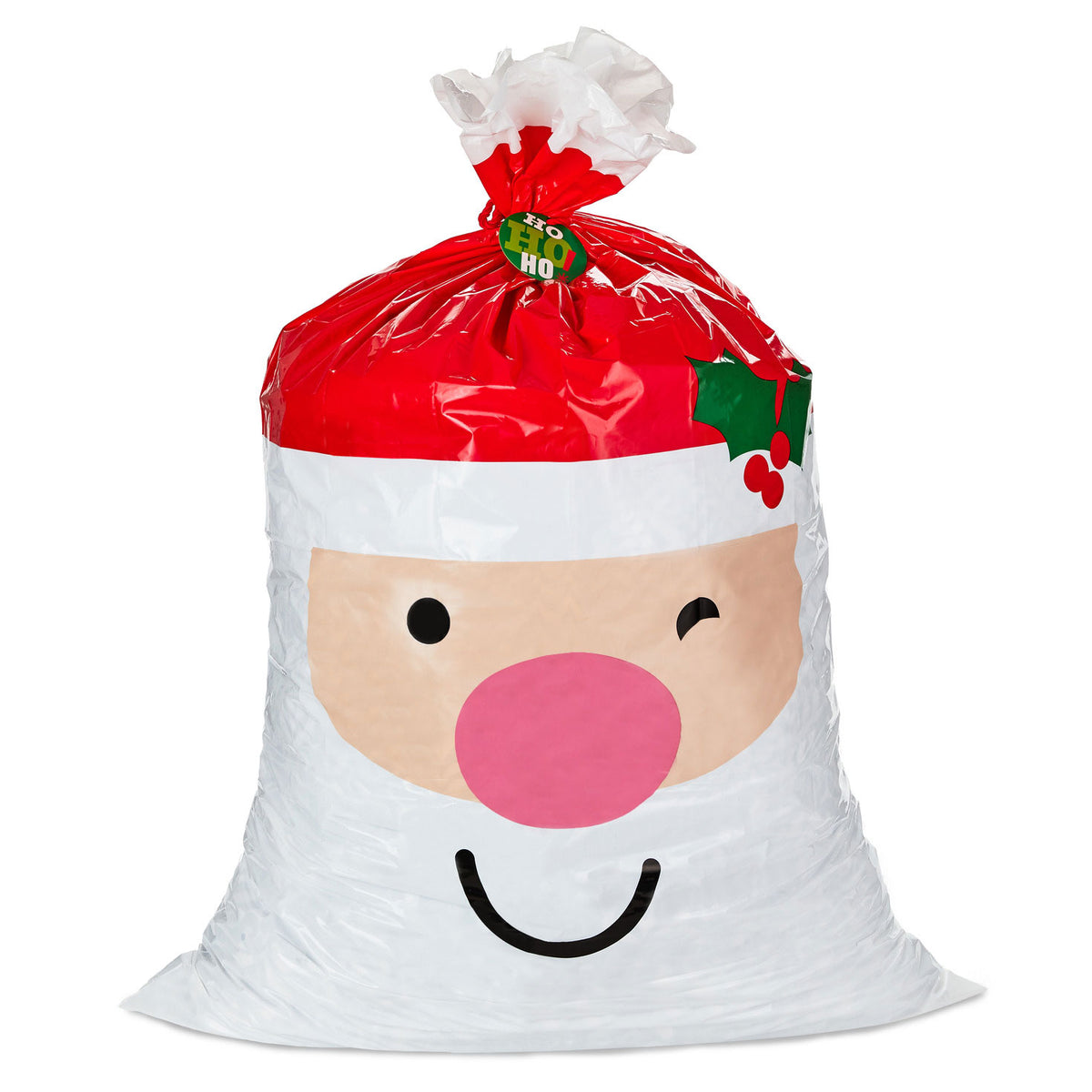 Hallmark 56" Smiling Santa Giant Plastic Christmas Gift Bag With Tag and Tie
