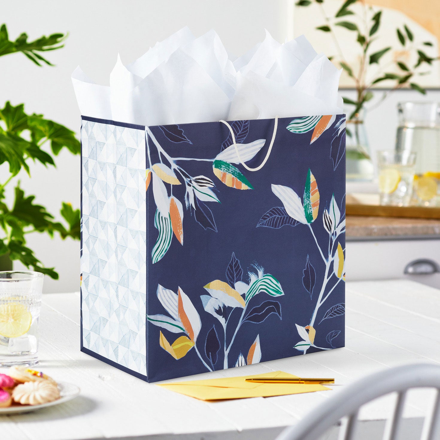 Hallmark 15'' Tropical Stems on Navy Extra-Deep Gift Bag