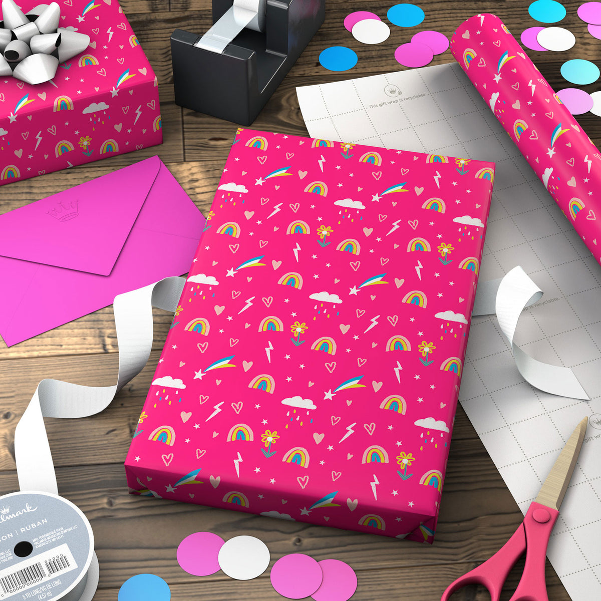 Hallmark Rainbows and Flowers on Pink Jumbo Wrapping Paper, 90 sq. ft.