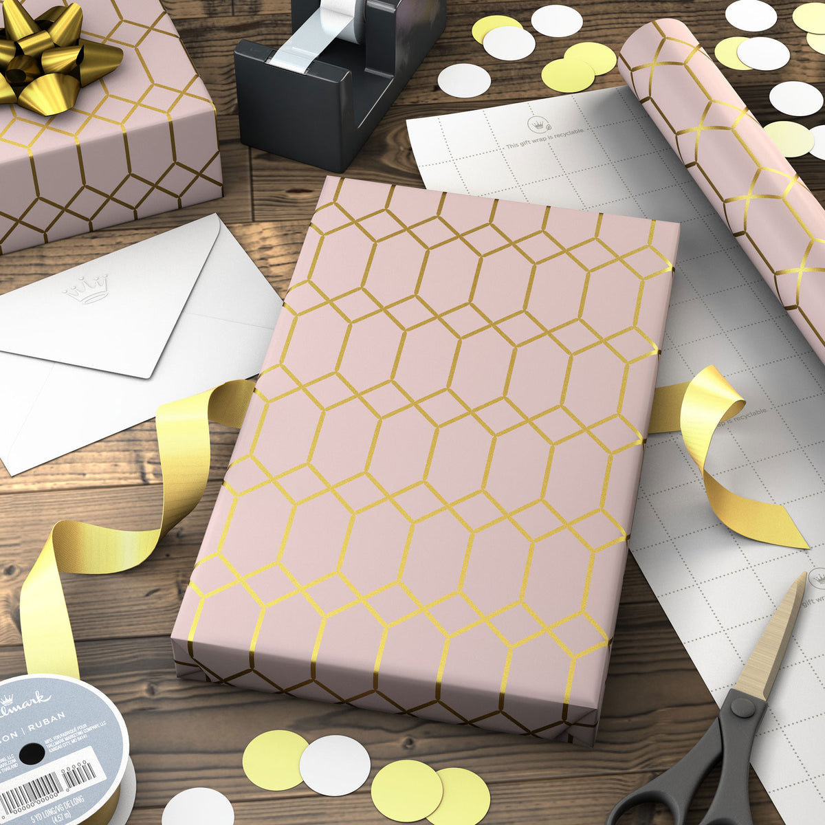 Hallmark Gold Geometric on Pink Jumbo Wrapping Paper, 54 sq. ft.