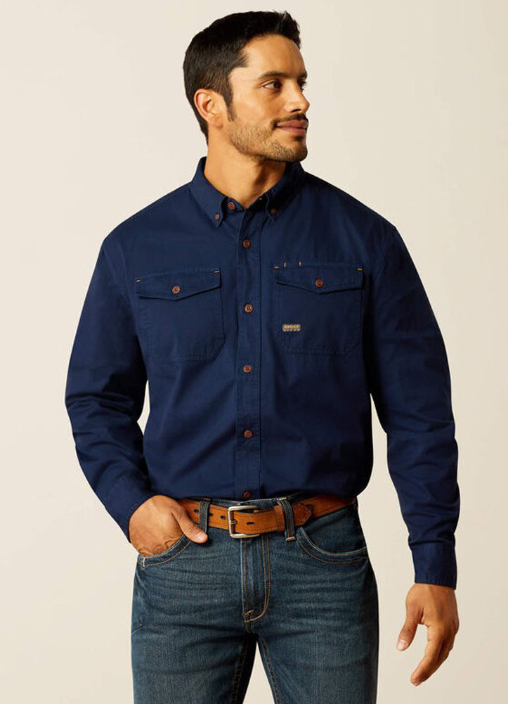 Rebar Washed Twill LS Work Shirt in Navy by Ariat
