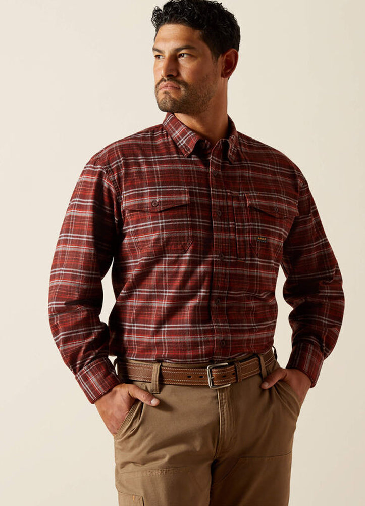 Rebar Flannel Distressed LS Work Shirt in Bitter Chocolate by Ariat