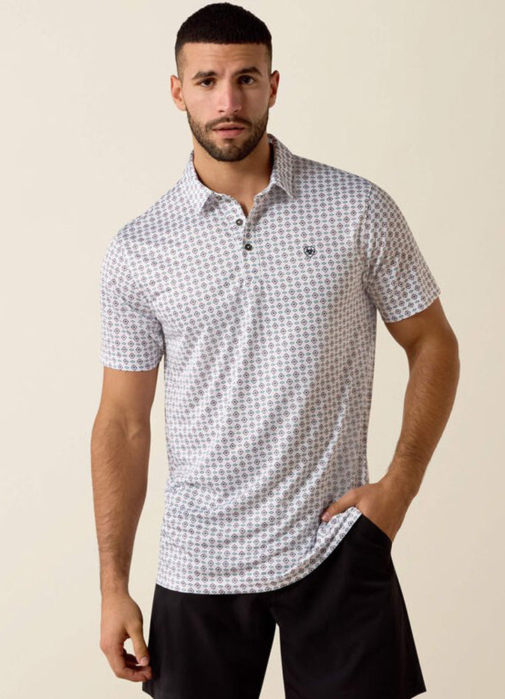 All Over Print Fitted SS Polo in White Southwest Triangle by Ariat