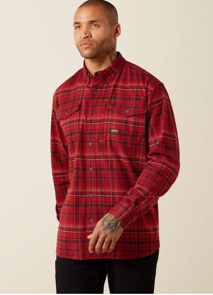 Rebar Flannel DuraStretch Work Shirt in Red Brick by Ariat