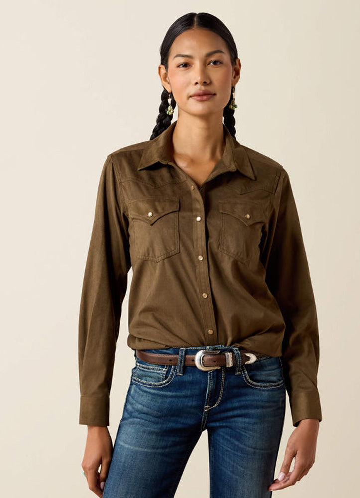 Autumn Drift West LS Snap Shirt in Olive Suede by Ariat