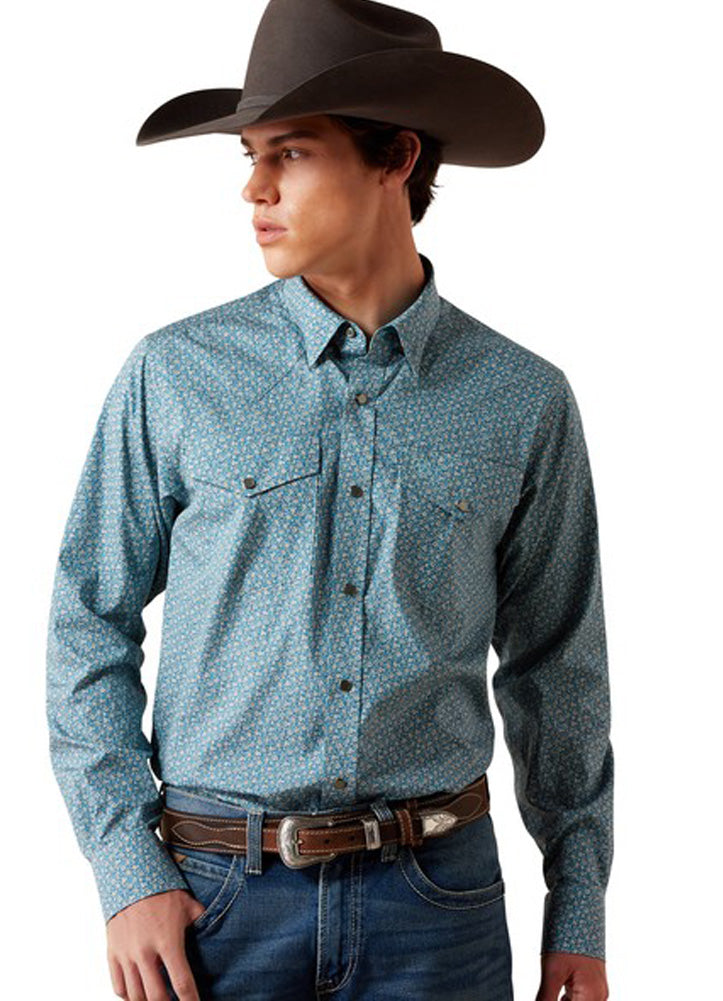 Wrinkle Free Bram Fitted LS Snap in Corsair Blue Floral by Ariat