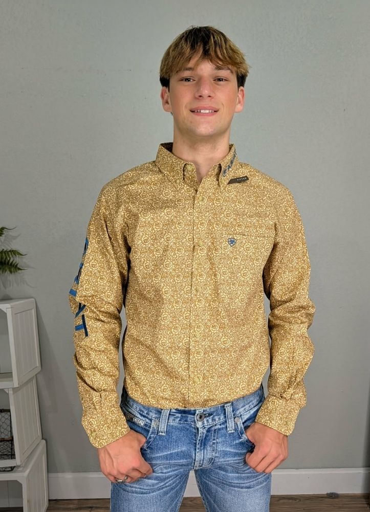 Team Earl Fitted Shirt in Curry Floral Print/Majolica Bl by Ariat International