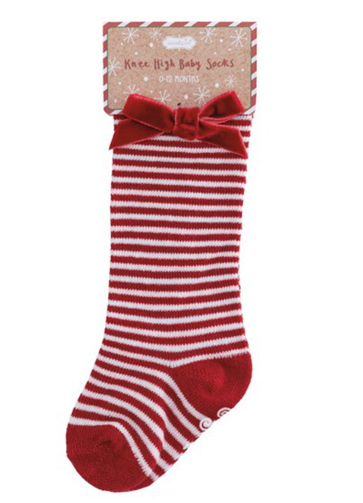 Tall Red Stripe Bow Socks by Mud Pie