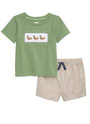 Green Smocked Duck Short Set by Mud Pie