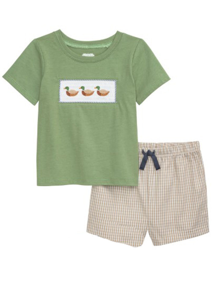 Green Smocked Duck Short Set by Mud Pie