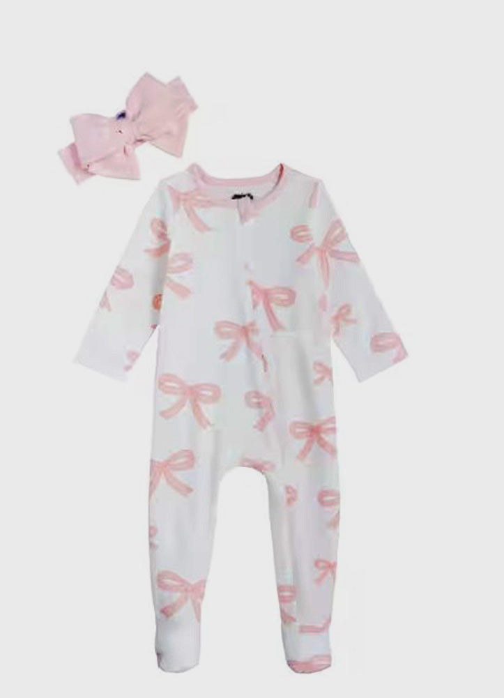 Bow Print Zip Sleeper and Headband Set by Mud Pie