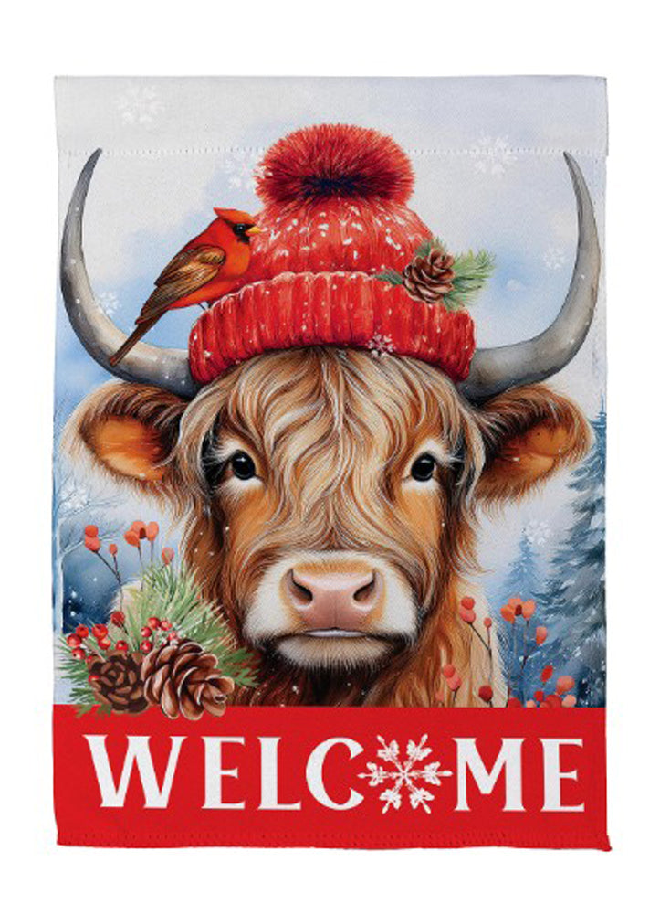 Bundled Up Highland Cow Suede Garden Flag by Evergreen