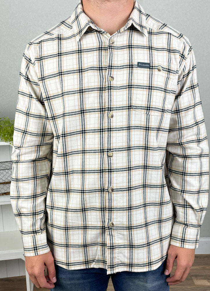 Cornell Woods Flannel LS in Chalk Quad Check by Columbia
