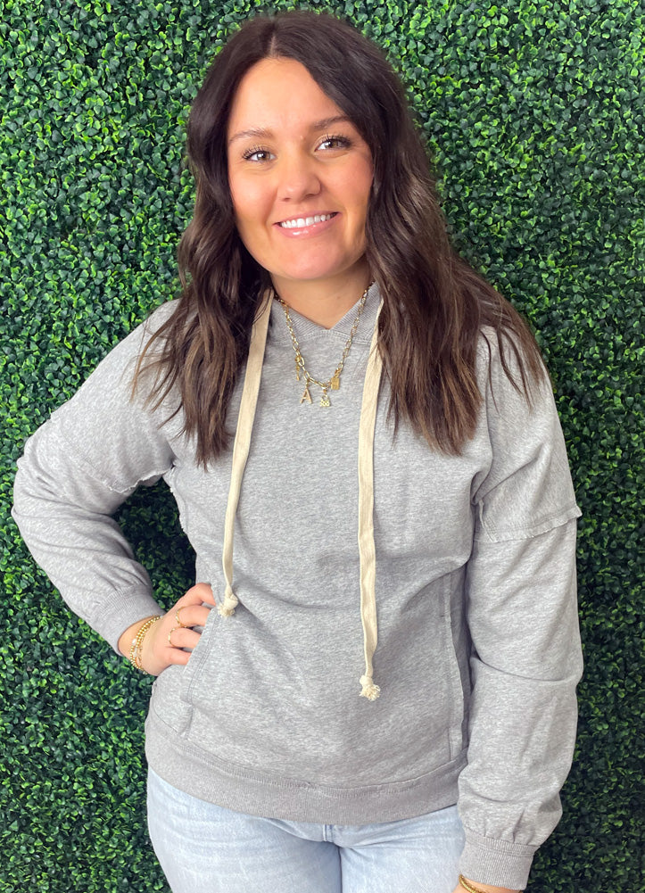 Drawstring Neck LS Hoodie in Heather Grey by Staccato