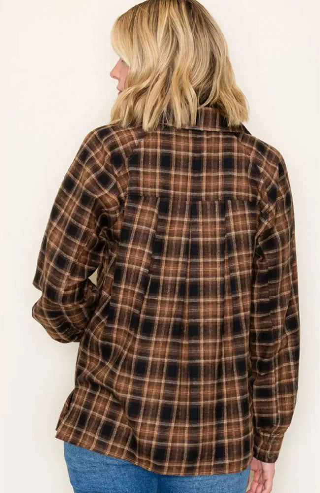 Raglan Sleeve Plaid Button Down Shirt in Taupe by Staccato