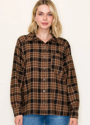 Raglan Sleeve Plaid Button Down Shirt in Taupe by Staccato