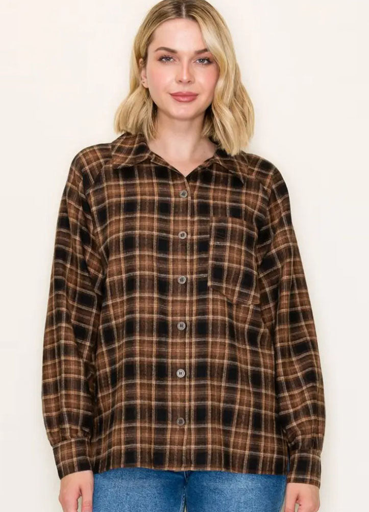 Raglan Sleeve Plaid Button Down Shirt in Taupe by Staccato