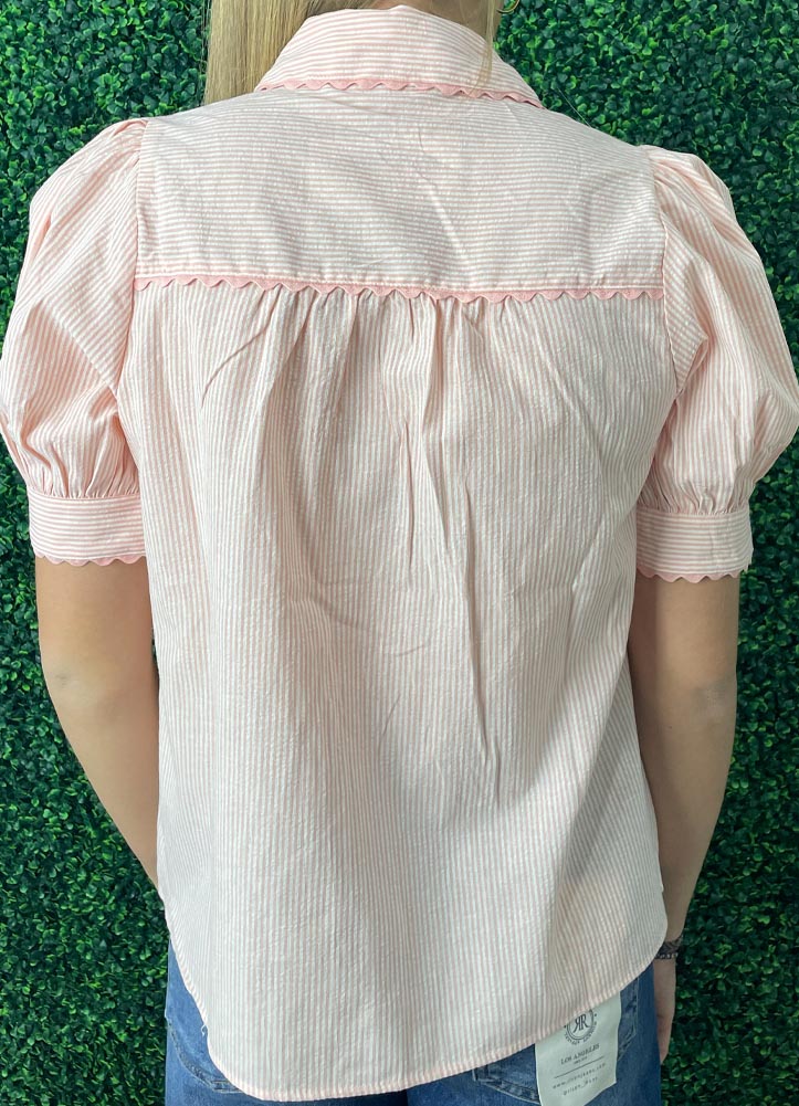 Puff Sleeve Button Down Blouse with Scallop Hem in Peach by Staccato