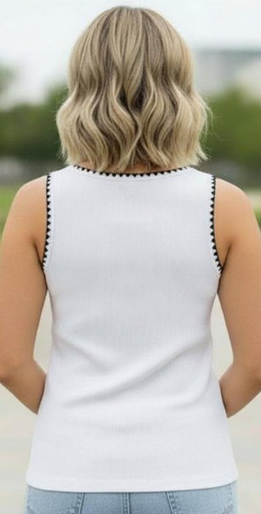 Ribbed Blanket Stitch Tank Top in White by Staccato