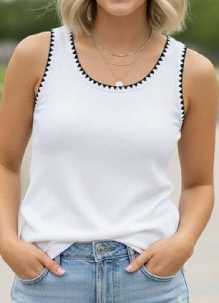 Ribbed Blanket Stitch Tank Top in White by Staccato