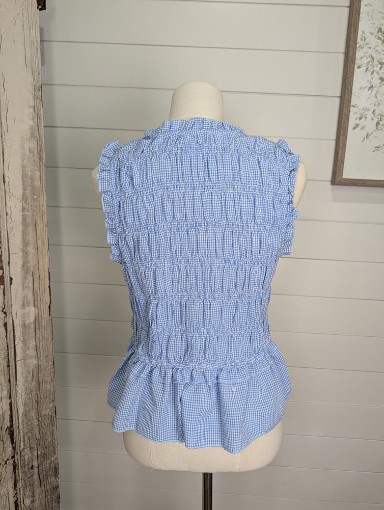 Mini Gingham Smocked V Neck Bow Tie Front Peplum Top in Chambray by Staccato