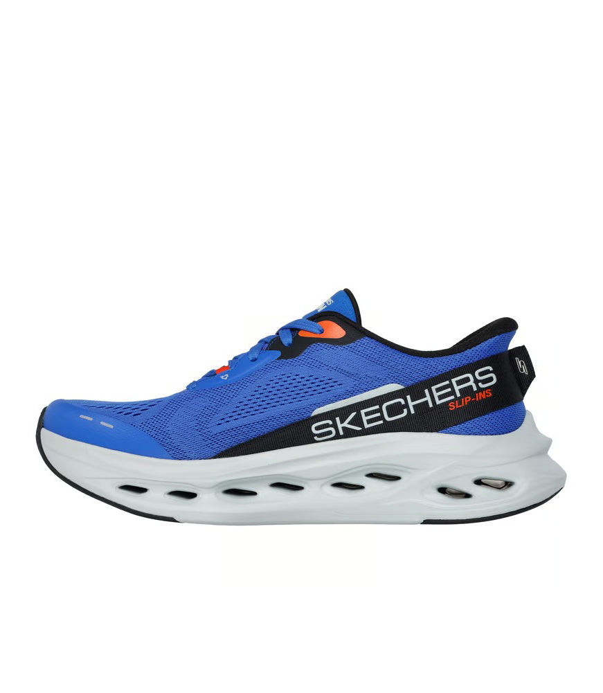 Max Cushioning Glide Step Advert in Blue/Orange by Skechers