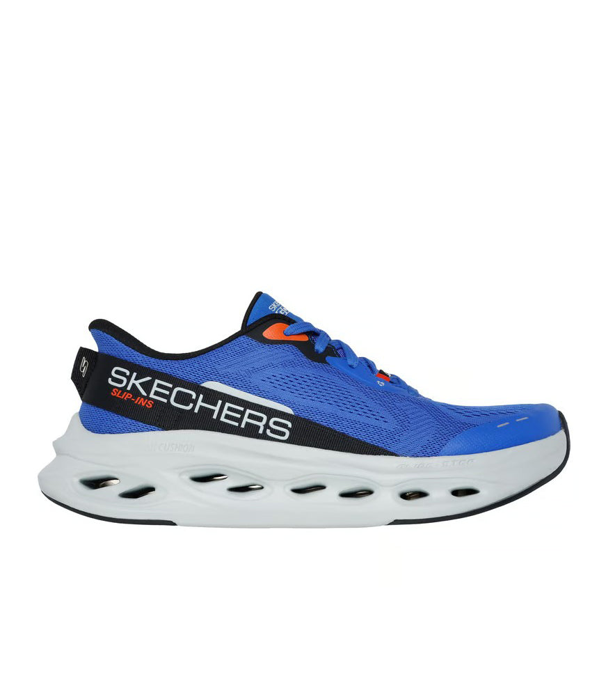 Max Cushioning Glide Step Advert in Blue/Orange by Skechers
