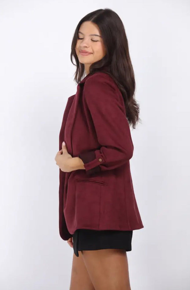 Suede Open Front Blazer in Burgundy by 26 International