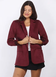 Suede Open Front Blazer in Burgundy by 26 International