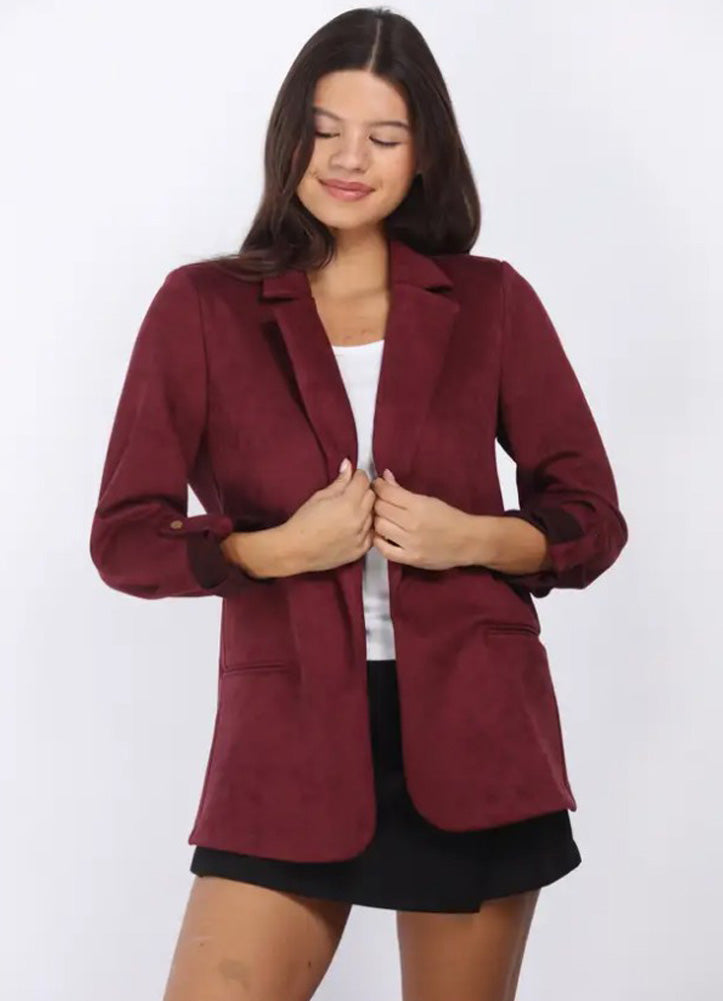 Suede Open Front Blazer in Burgundy by 26 International
