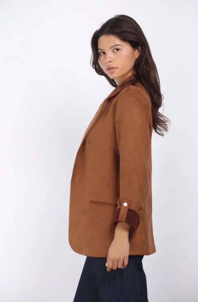 Suede Open Front Blazer in Camel by 26 International