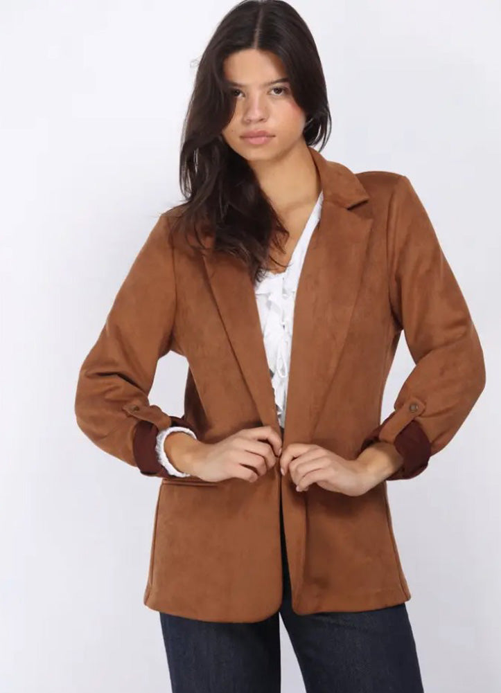 Suede Open Front Blazer in Camel by 26 International