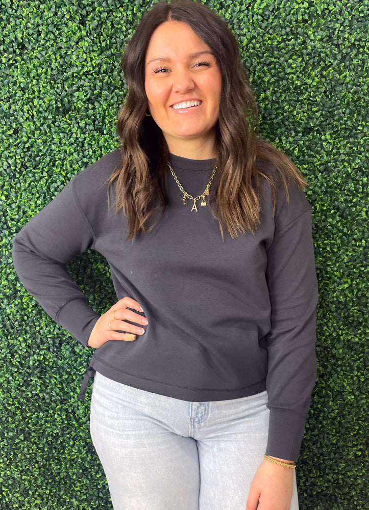 LS Pullover with Cinched Tie Sides in Charcoal by Keren Hart