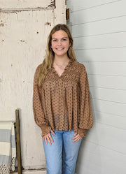 Smocked Yoke Dot Print Blouse in Mocha by Hem & Thread