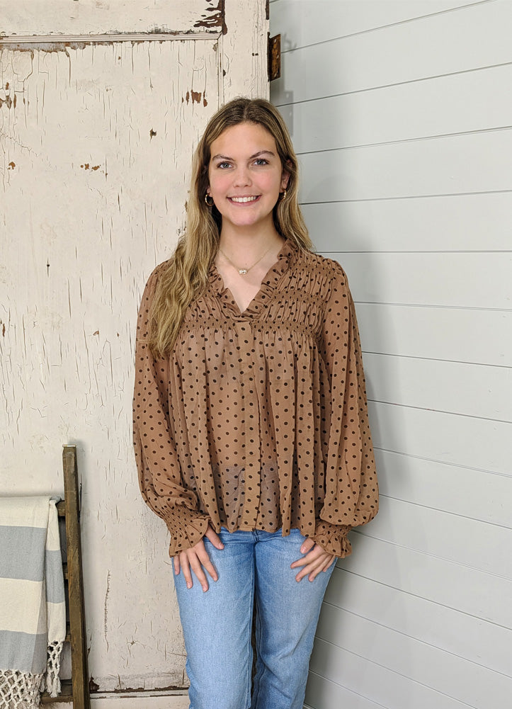 Smocked Yoke Dot Print Blouse in Mocha by Hem & Thread